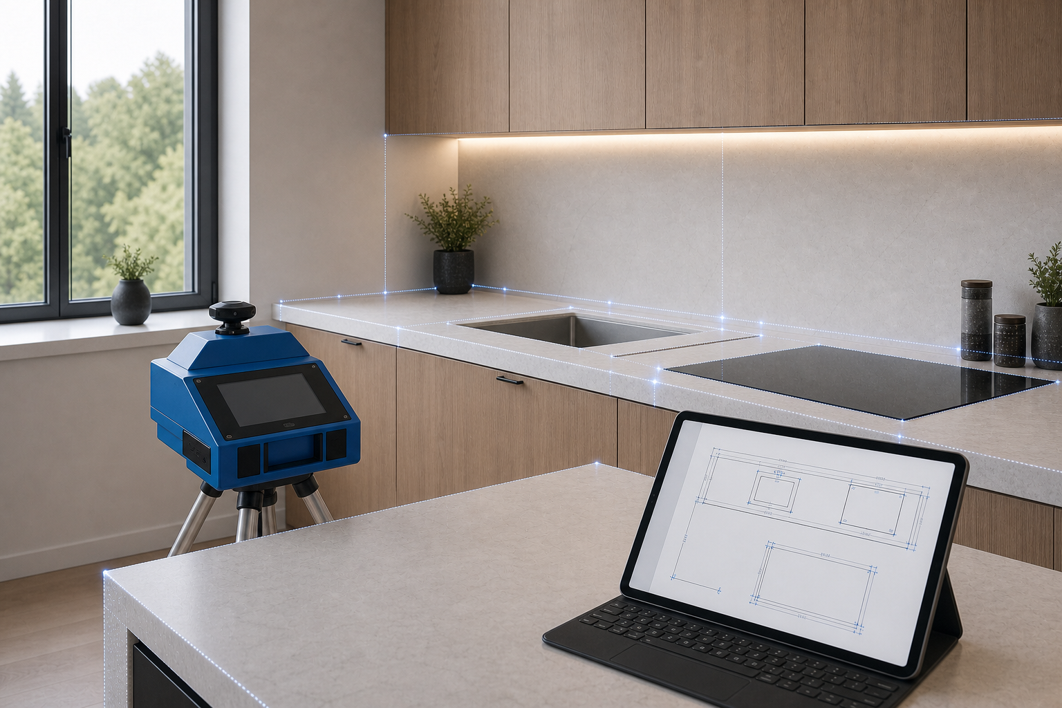 Digital countertop templating measurement in a kitchen