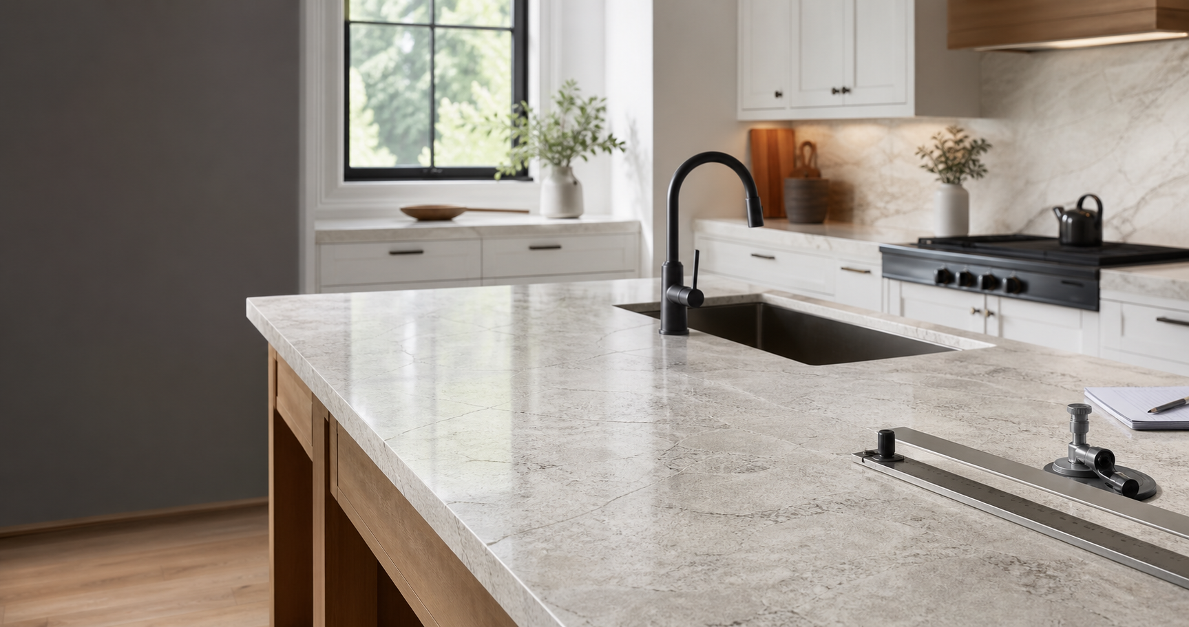 Kitchen with an installed stone countertop